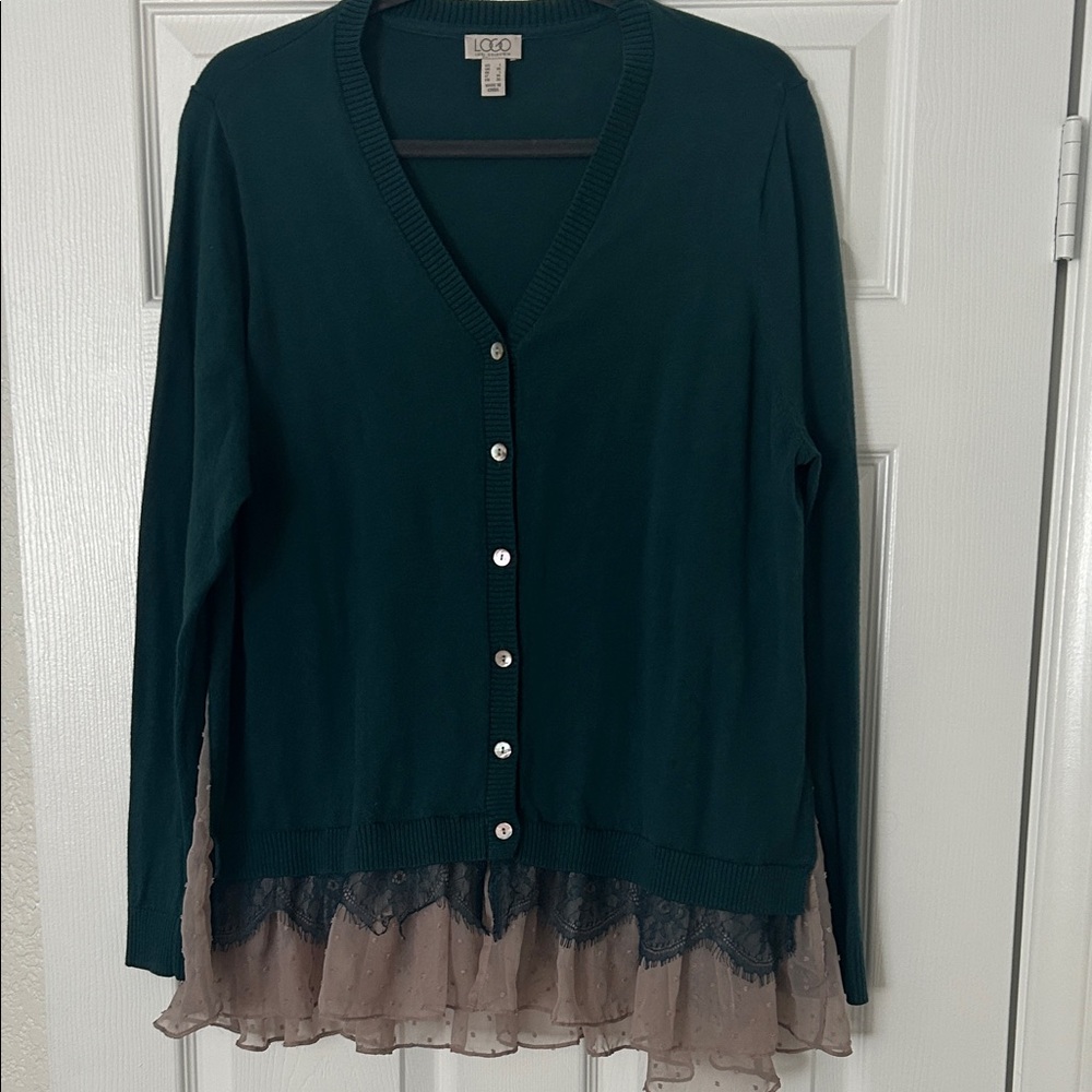 LOGO by Lori Goldstein Dark Green V-Neck Sweater with Lace Hem